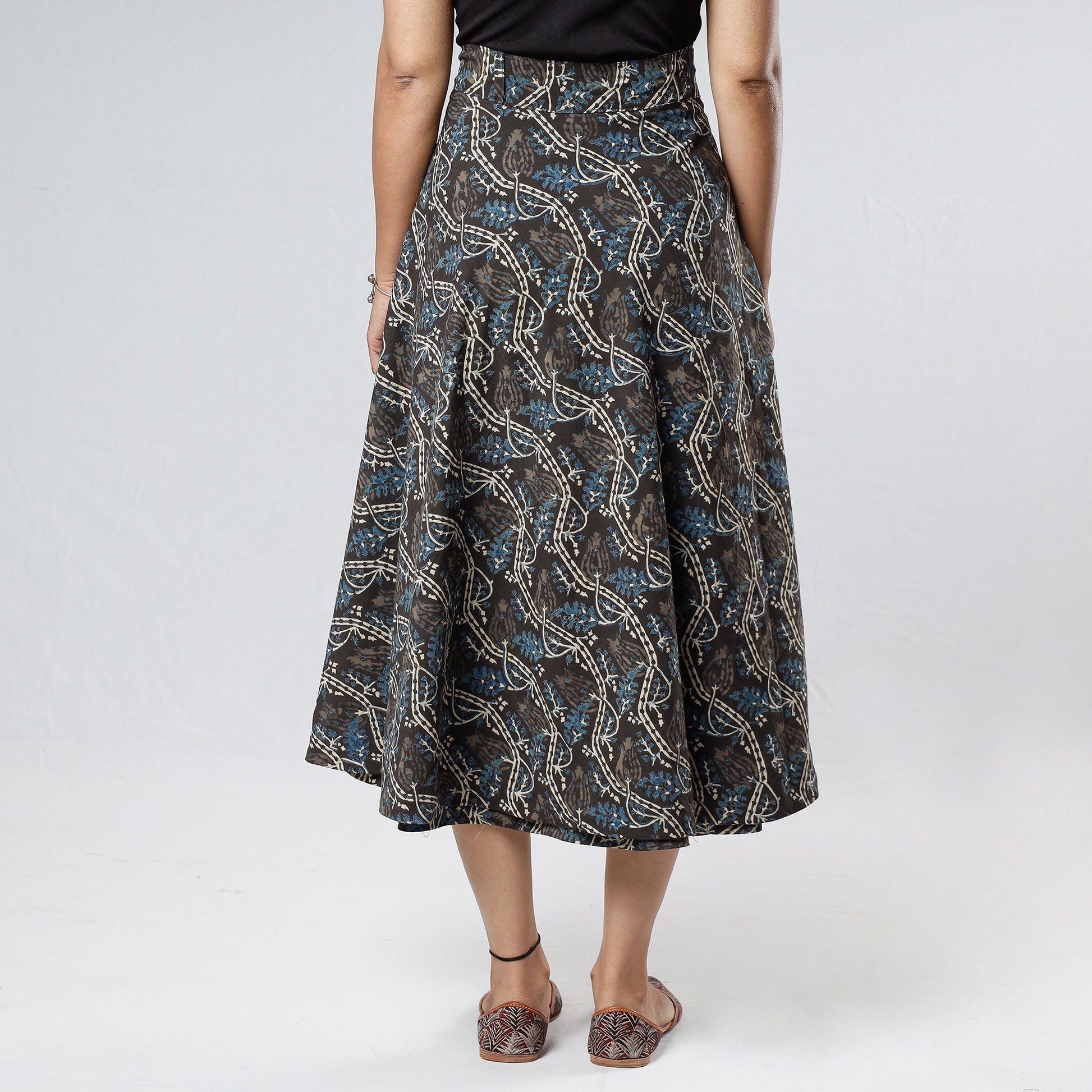 Black - Ajrakh Block Printed Cotton Wrap Around Skirt