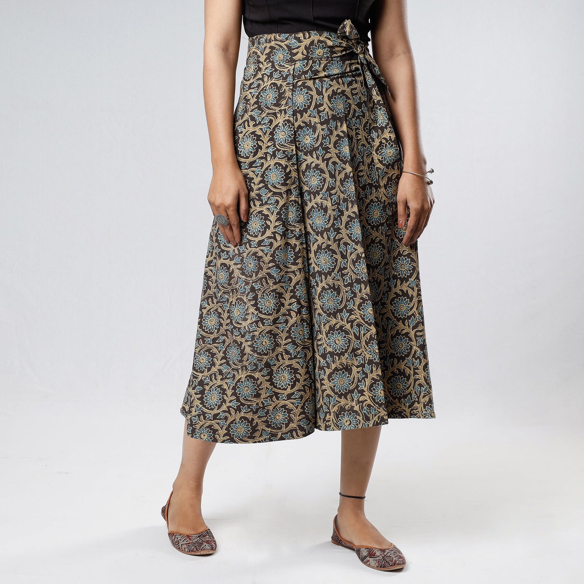 Brown - Ajrakh Block Printed Cotton Wrap Around Skirt