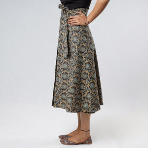 Brown - Ajrakh Block Printed Cotton Wrap Around Skirt