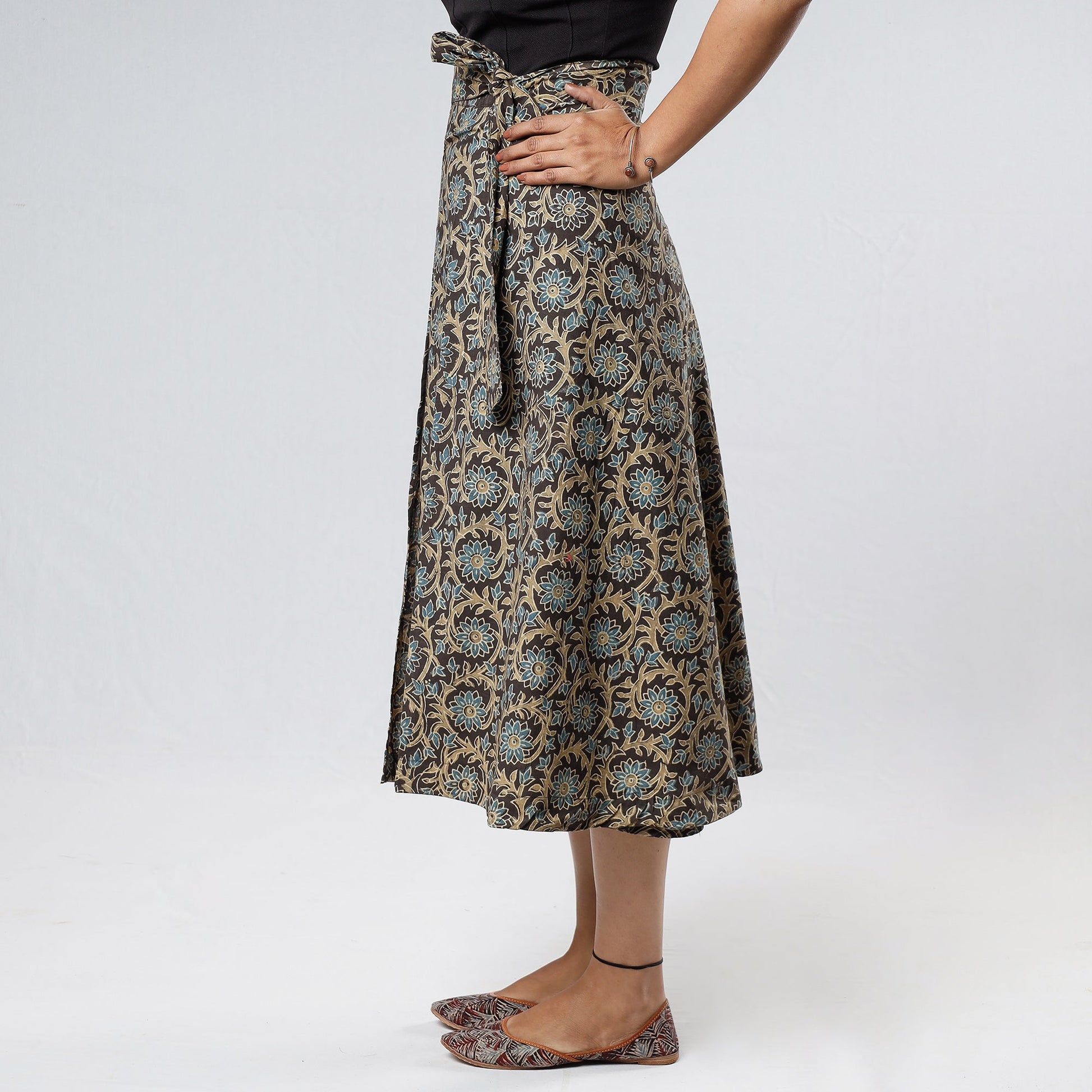 Brown - Ajrakh Block Printed Cotton Wrap Around Skirt