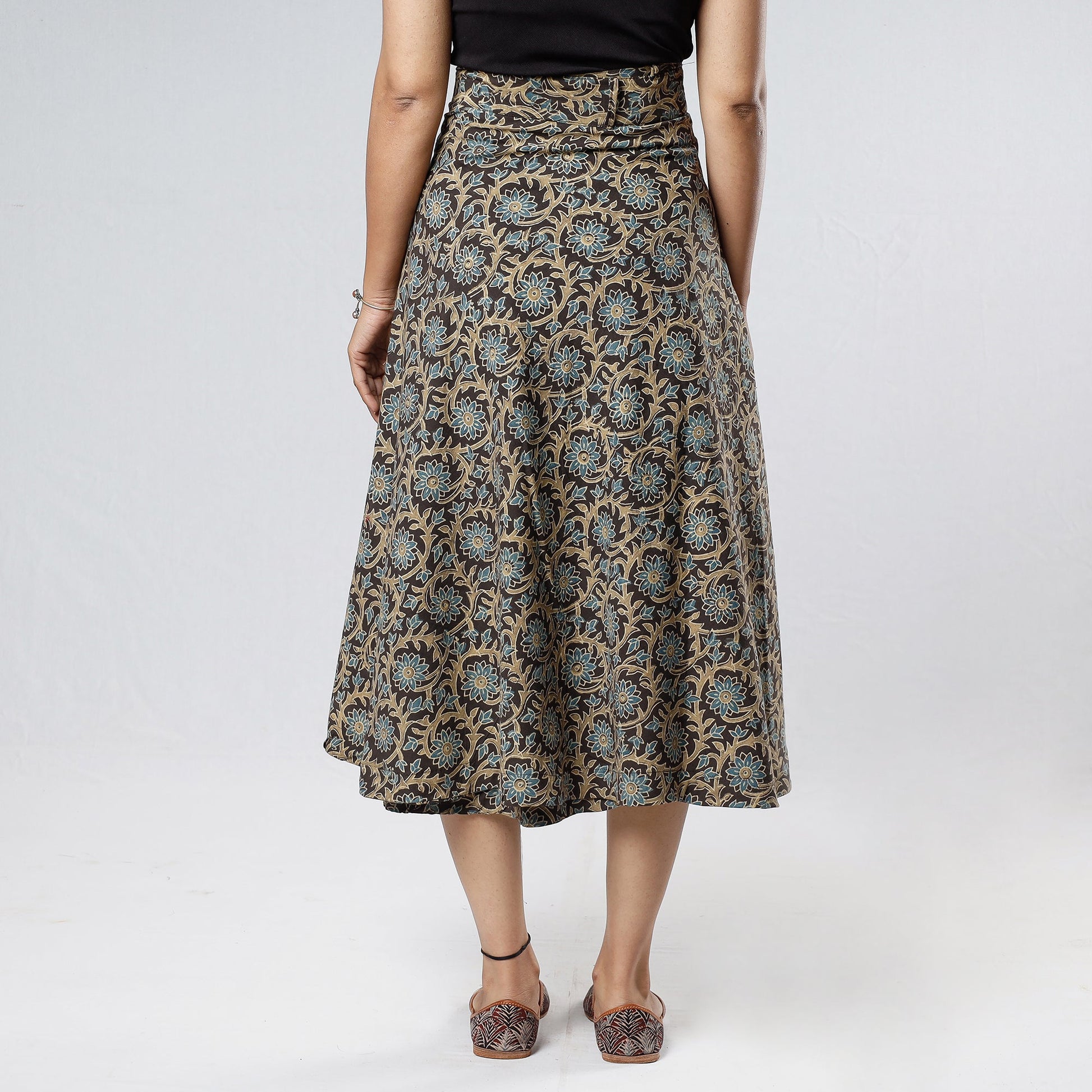 Brown - Ajrakh Block Printed Cotton Wrap Around Skirt