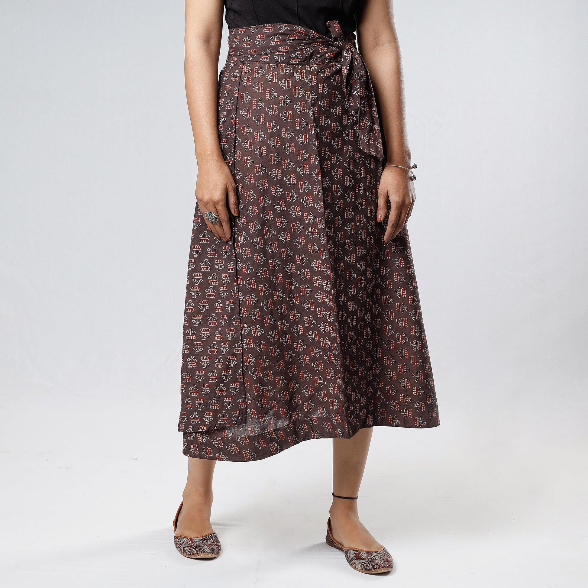 Brown - Ajrakh Block Printed Cotton Wrap Around Skirt