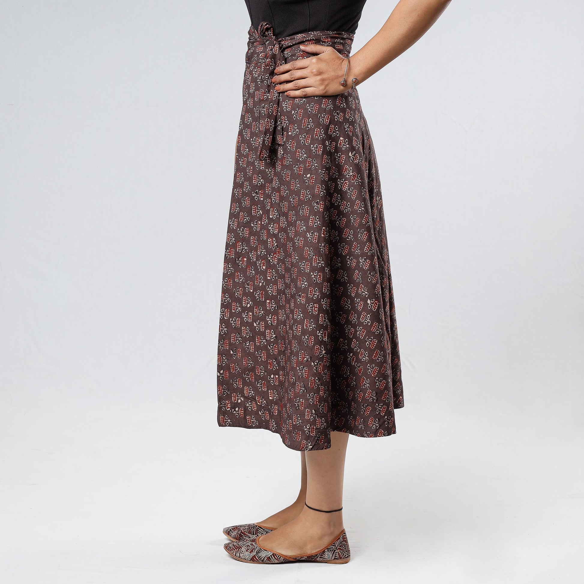 Brown - Ajrakh Block Printed Cotton Wrap Around Skirt