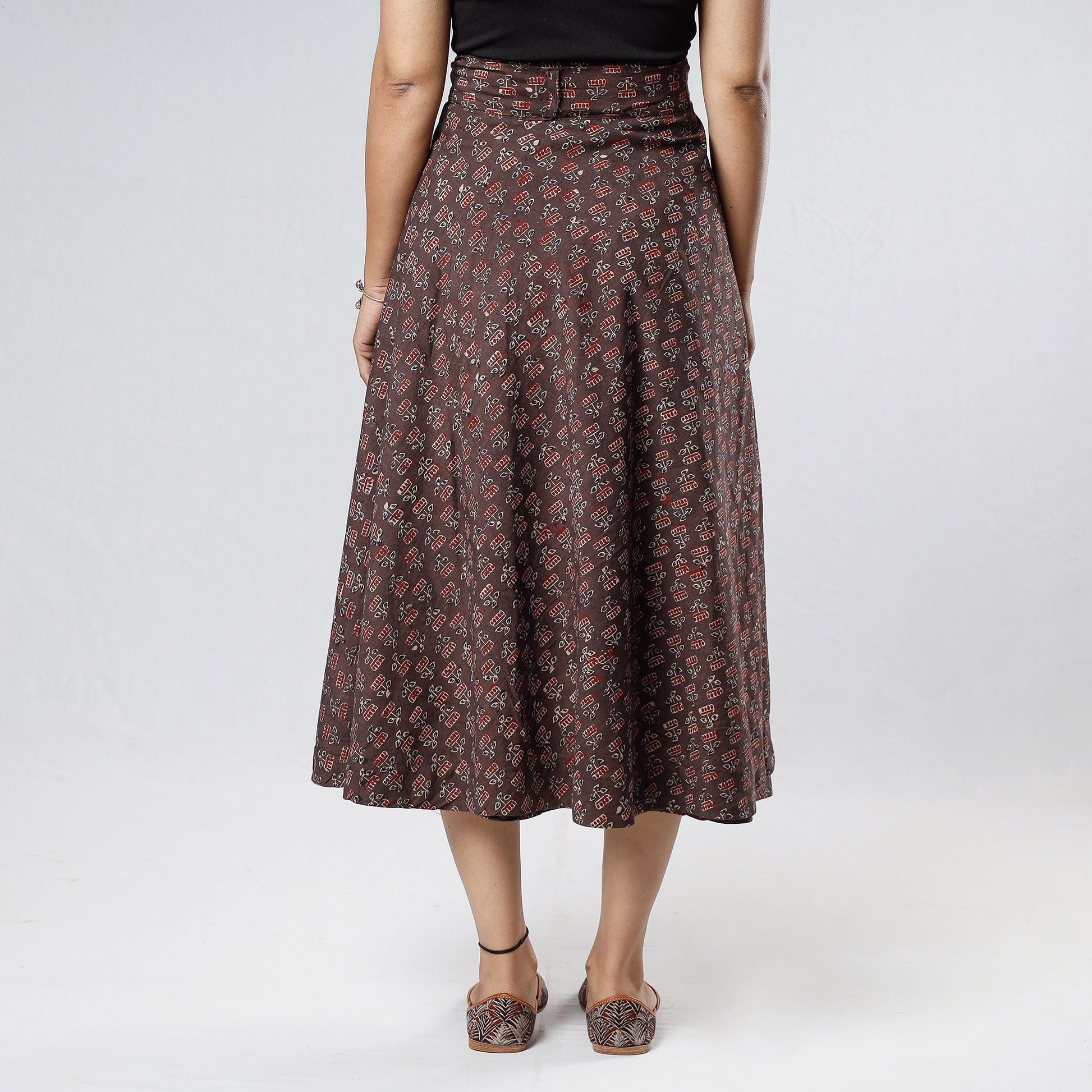 Brown - Ajrakh Block Printed Cotton Wrap Around Skirt