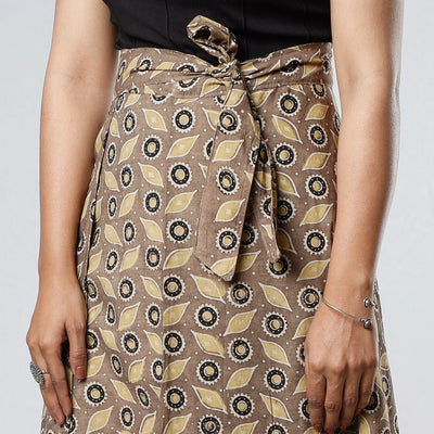 Brown - Ajrakh Block Printed Cotton Wrap Around Skirt