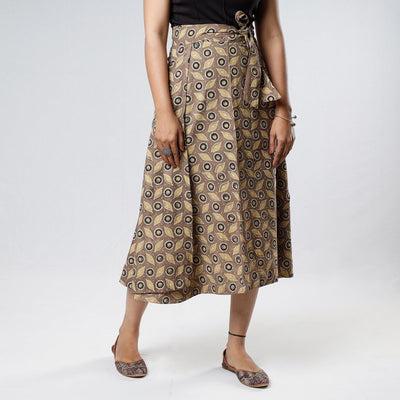 Brown - Ajrakh Block Printed Cotton Wrap Around Skirt