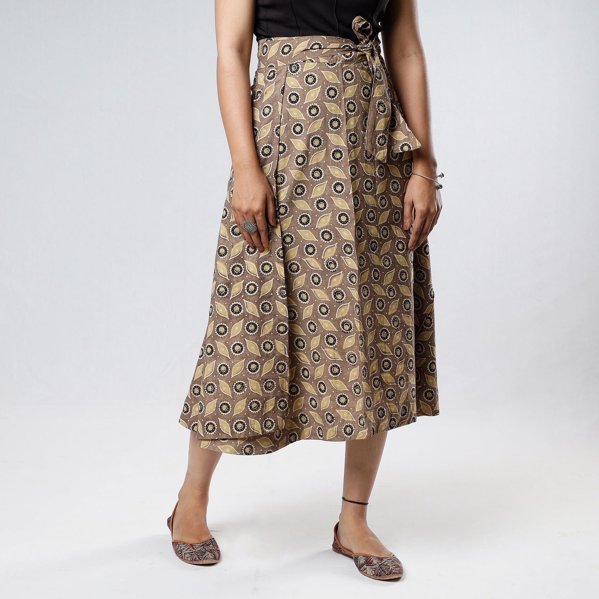 Brown - Ajrakh Block Printed Cotton Wrap Around Skirt