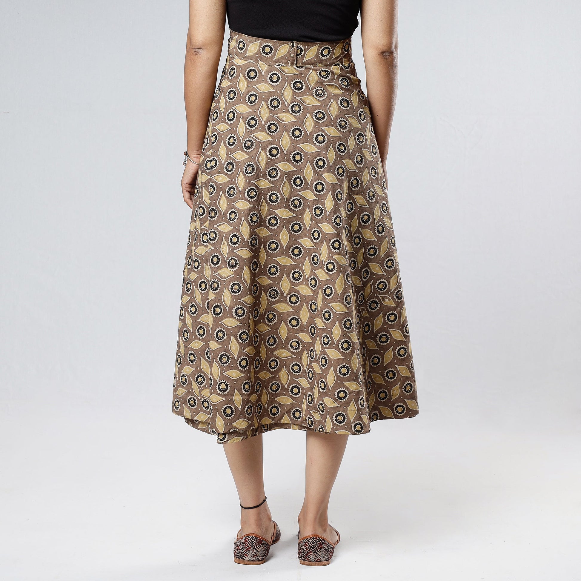 Brown - Ajrakh Block Printed Cotton Wrap Around Skirt