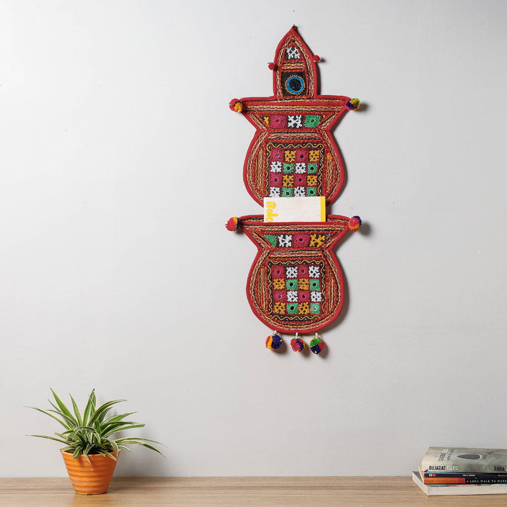 2 Pocket - Mirror Work Kutch Hand Embroidered Kalash Wall Hanging Letter Holder