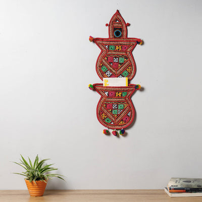 2 Pocket - Mirror Work Kutch Hand Embroidered Kalash Wall Hanging Letter Holder