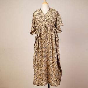 Beige - Block Print Cotton Kalamkari Kaftan with Tie-Up Waist (Long)