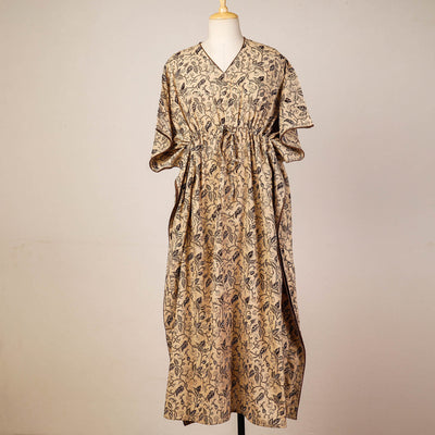 Beige - Block Print Cotton Kalamkari Kaftan with Tie-Up Waist (Long)