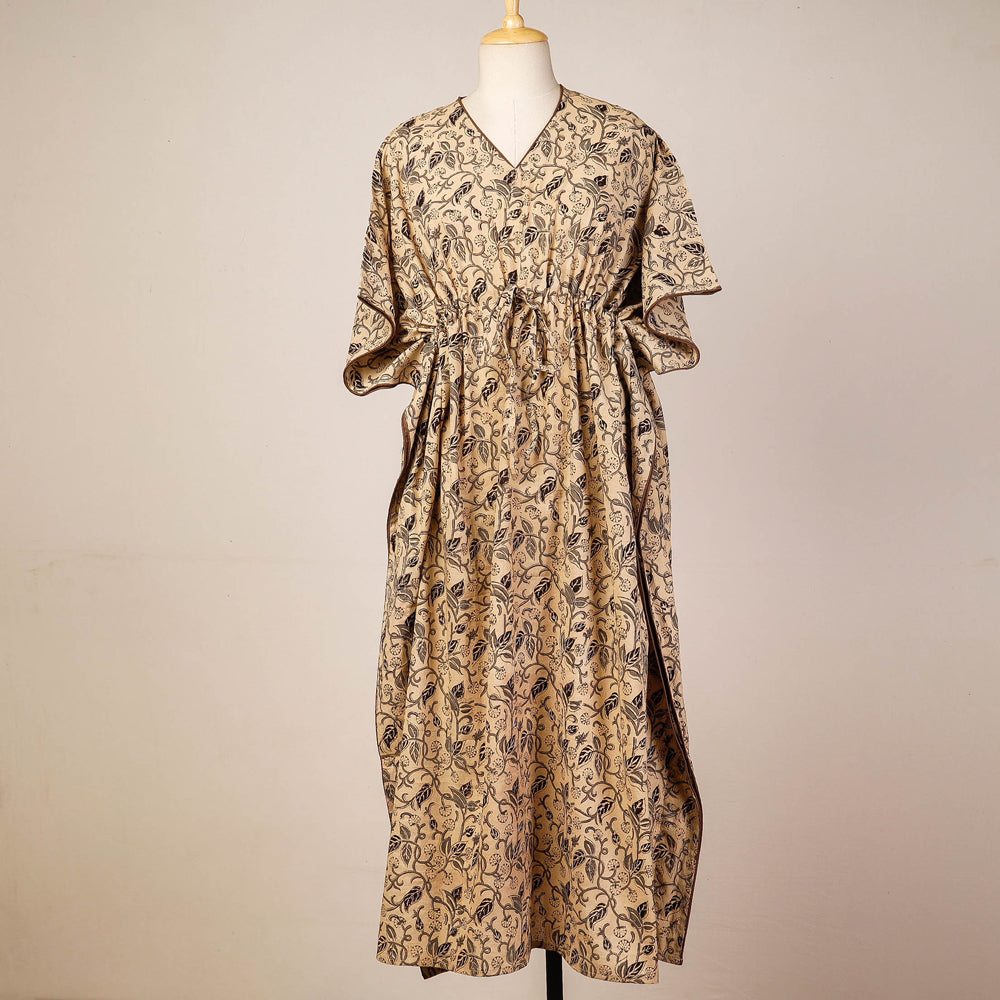 Beige - Block Print Cotton Kalamkari Kaftan with Tie-Up Waist (Long)