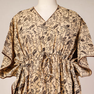 Beige - Block Print Cotton Kalamkari Kaftan with Tie-Up Waist (Long)