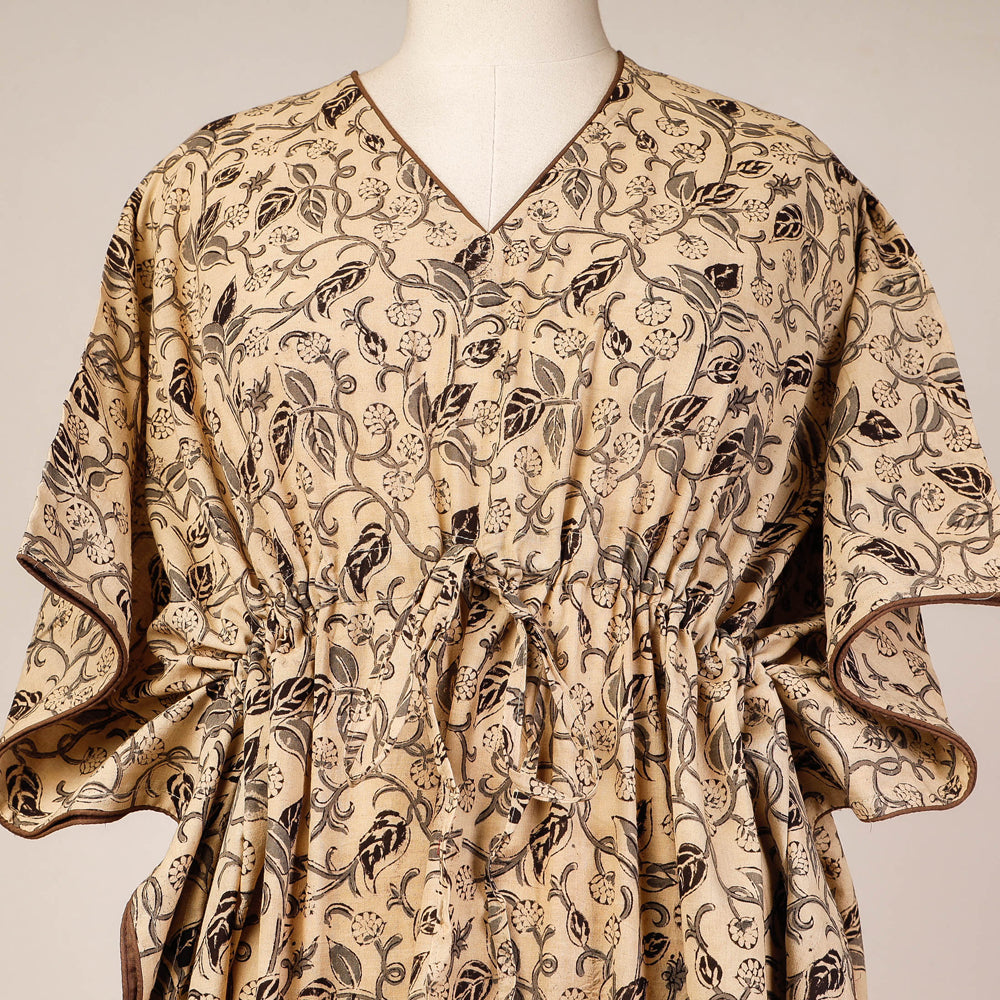 Beige - Block Print Cotton Kalamkari Kaftan with Tie-Up Waist (Long)