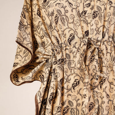 Beige - Block Print Cotton Kalamkari Kaftan with Tie-Up Waist (Long)