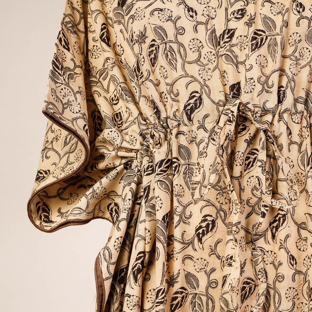 Beige - Block Print Cotton Kalamkari Kaftan with Tie-Up Waist (Long)