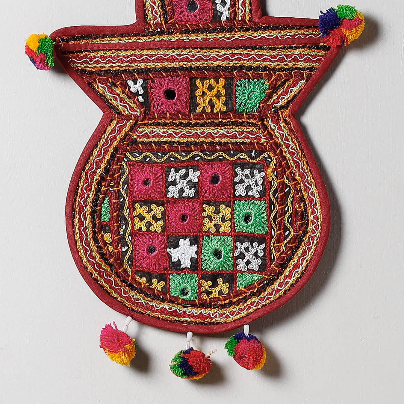 1 Pocket - Mirror Work Kutch Hand Embroidered Kalash Wall Hanging Letter Holder