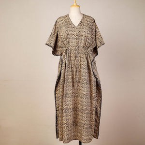 Beige - Block Print Cotton Kalamkari Kaftan with Tie-Up Waist (Medium)