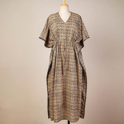 Beige - Block Print Cotton Kalamkari Kaftan with Tie-Up Waist (Medium)