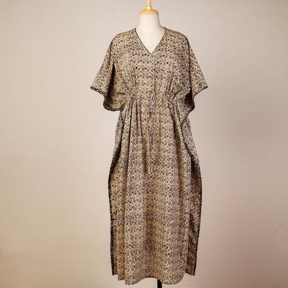 Beige - Block Print Cotton Kalamkari Kaftan with Tie-Up Waist (Medium)