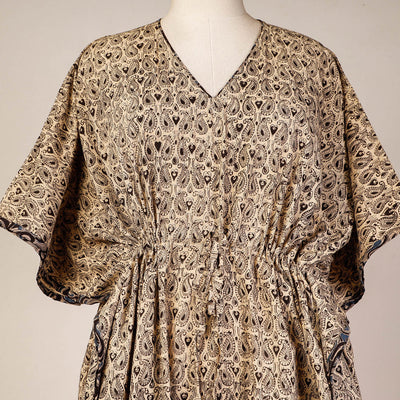 Beige - Block Print Cotton Kalamkari Kaftan with Tie-Up Waist (Medium)