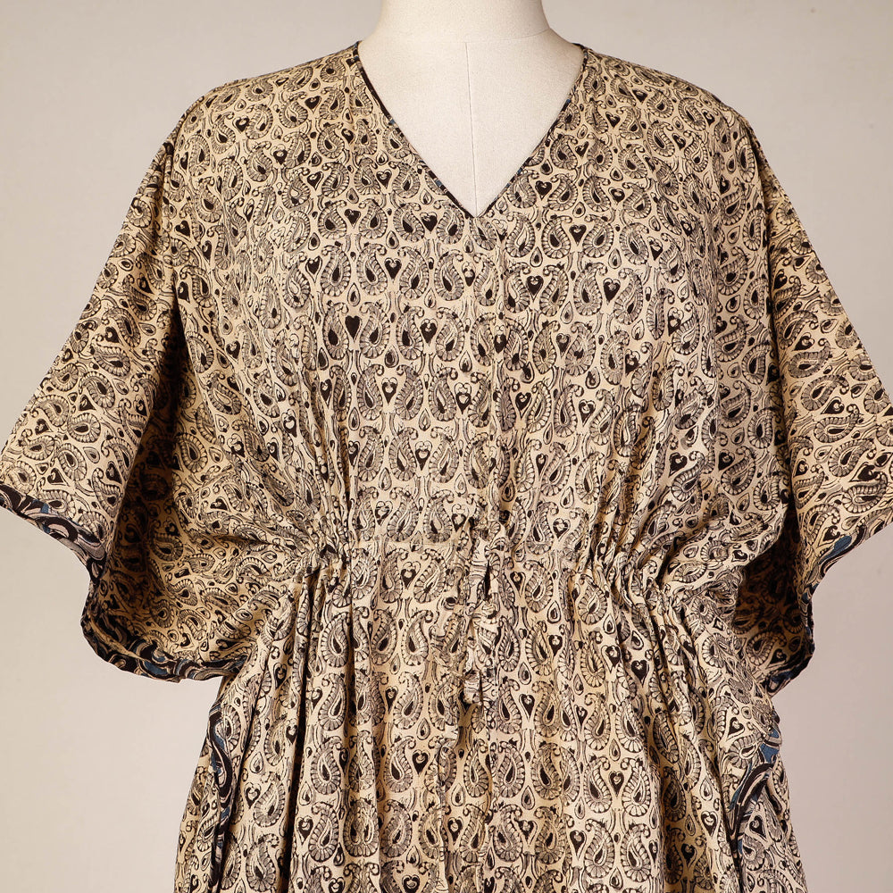 Beige - Block Print Cotton Kalamkari Kaftan with Tie-Up Waist (Medium)