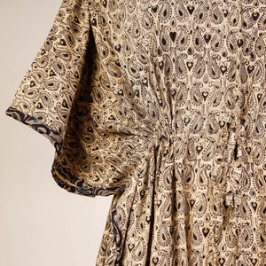 Beige - Block Print Cotton Kalamkari Kaftan with Tie-Up Waist (Medium)