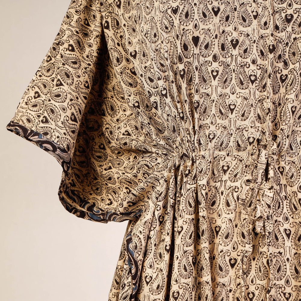 Beige - Block Print Cotton Kalamkari Kaftan with Tie-Up Waist (Medium)