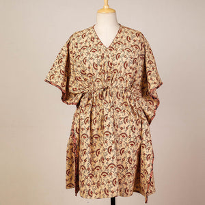 Beige - Block Print Cotton Kalamkari Kaftan with Tie-Up Waist (Medium)