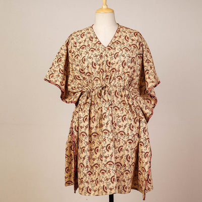 Beige - Block Print Cotton Kalamkari Kaftan with Tie-Up Waist (Medium)