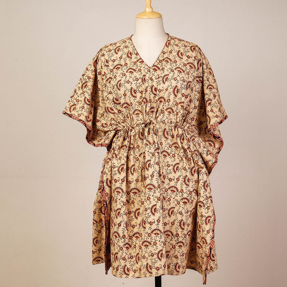 Beige - Block Print Cotton Kalamkari Kaftan with Tie-Up Waist (Medium)