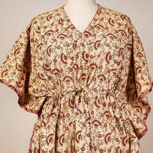Beige - Block Print Cotton Kalamkari Kaftan with Tie-Up Waist (Medium)