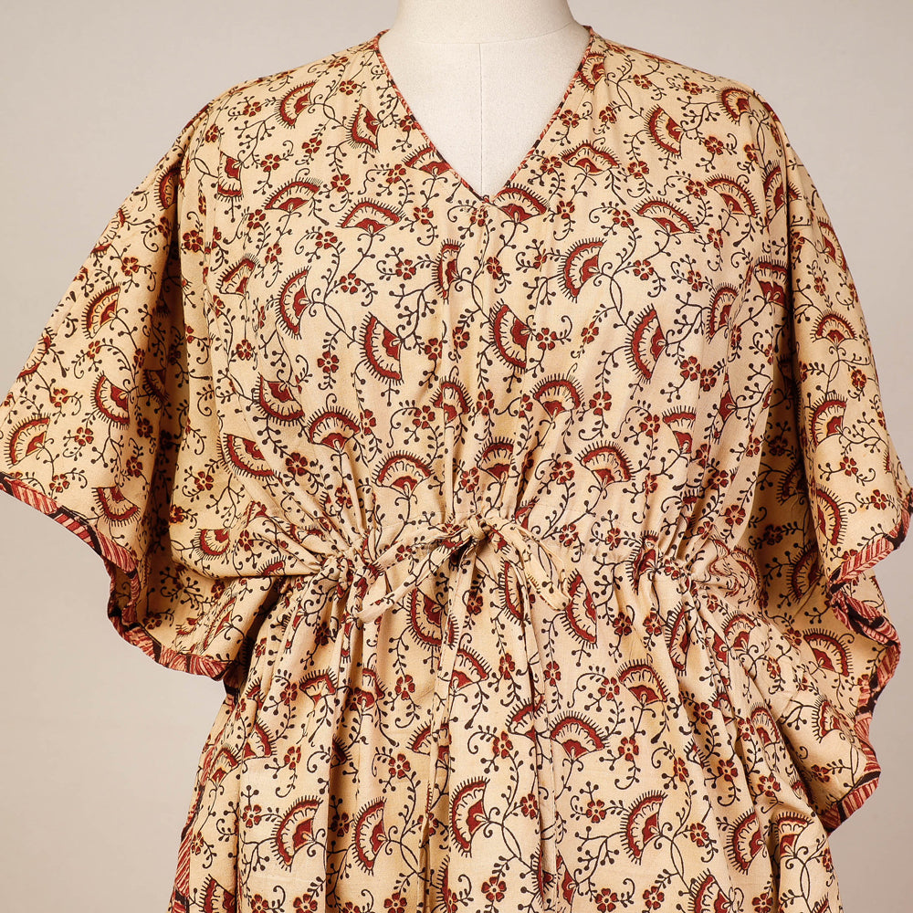 Beige - Block Print Cotton Kalamkari Kaftan with Tie-Up Waist (Medium)