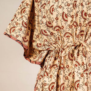 Beige - Block Print Cotton Kalamkari Kaftan with Tie-Up Waist (Medium)