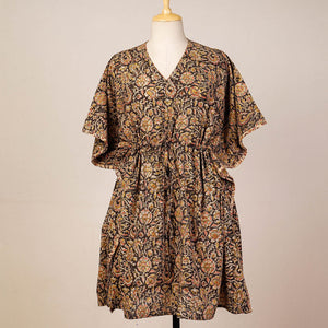 Black - Block Print Cotton Kalamkari Kaftan with Tie-Up Waist (Medium)