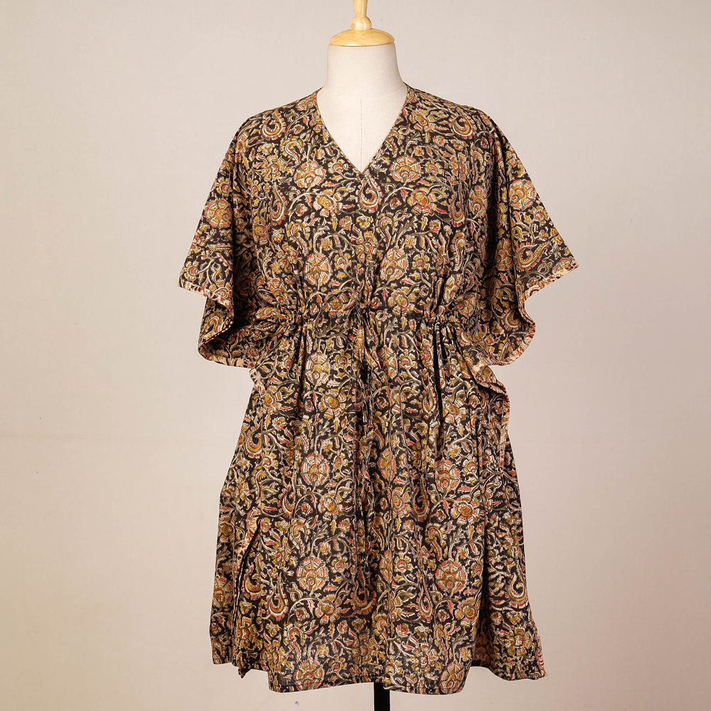 Black - Block Print Cotton Kalamkari Kaftan with Tie-Up Waist (Medium)
