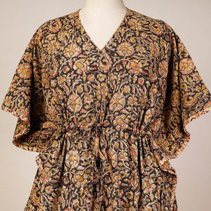 Black - Block Print Cotton Kalamkari Kaftan with Tie-Up Waist (Medium)