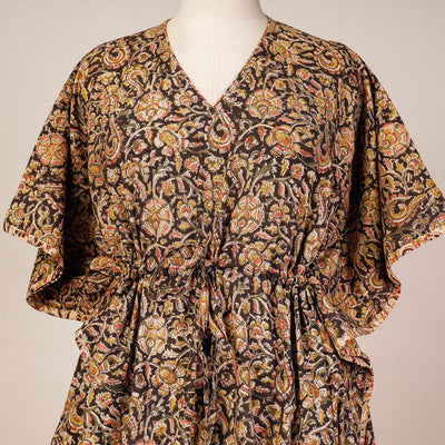 Black - Block Print Cotton Kalamkari Kaftan with Tie-Up Waist (Medium)