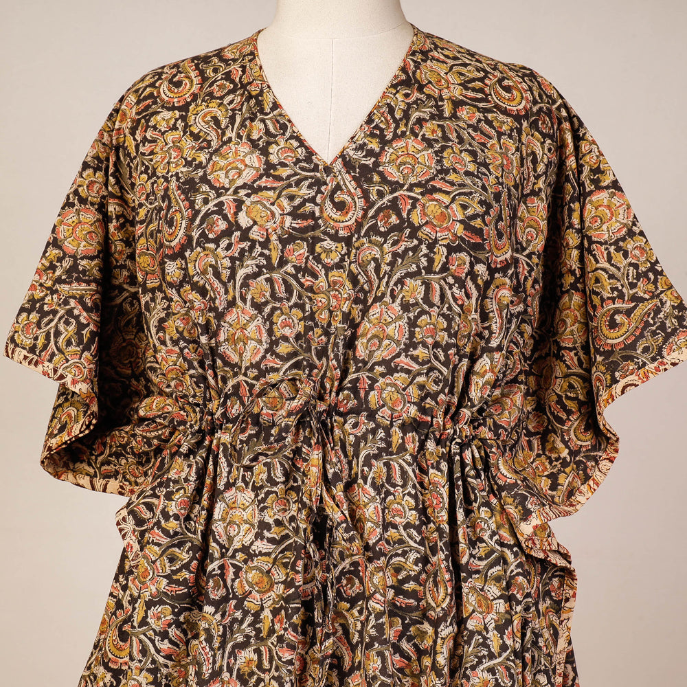 Black - Block Print Cotton Kalamkari Kaftan with Tie-Up Waist (Medium)