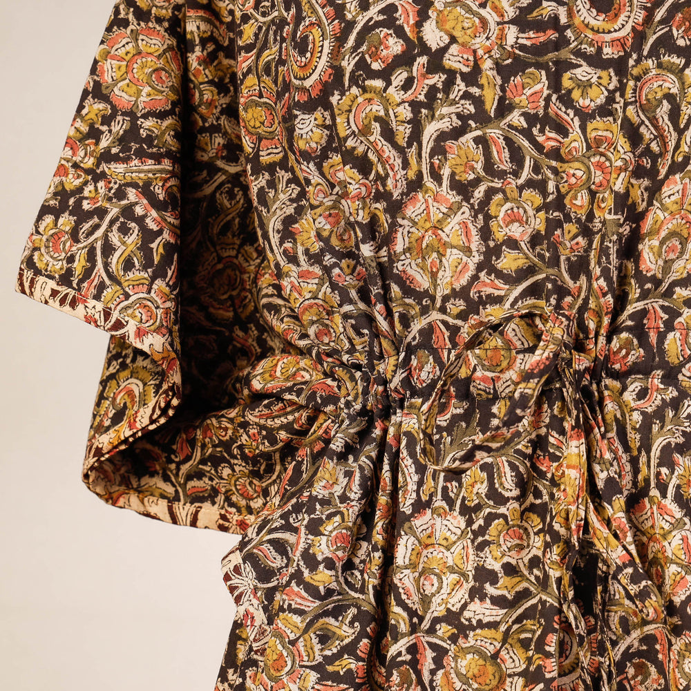 Black - Block Print Cotton Kalamkari Kaftan with Tie-Up Waist (Medium)