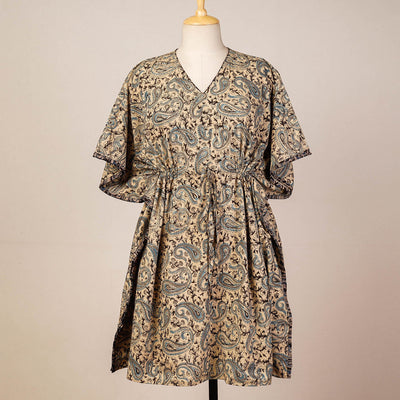Beige - Block Print Cotton Kalamkari Kaftan with Tie-Up Waist (Medium)