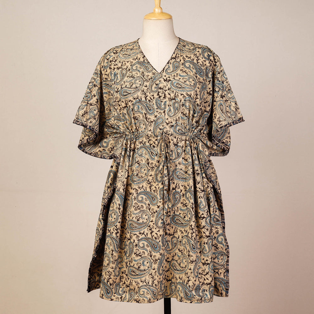 Beige - Block Print Cotton Kalamkari Kaftan with Tie-Up Waist (Medium)