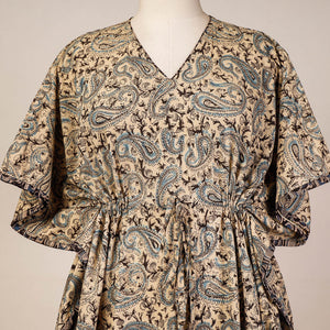 Beige - Block Print Cotton Kalamkari Kaftan with Tie-Up Waist (Medium)