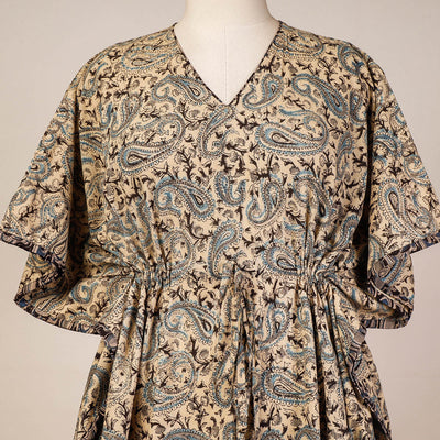 Beige - Block Print Cotton Kalamkari Kaftan with Tie-Up Waist (Medium)