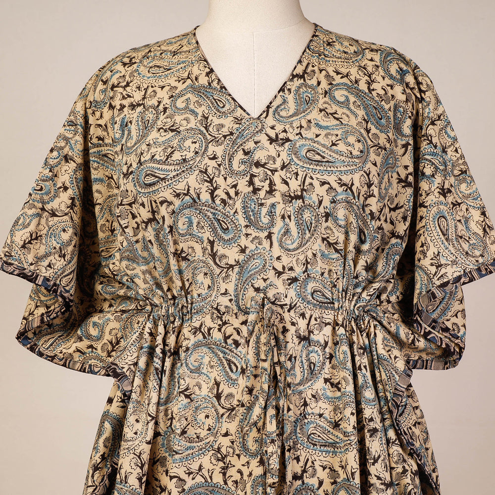 Beige - Block Print Cotton Kalamkari Kaftan with Tie-Up Waist (Medium)