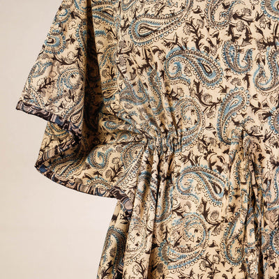 Beige - Block Print Cotton Kalamkari Kaftan with Tie-Up Waist (Medium)