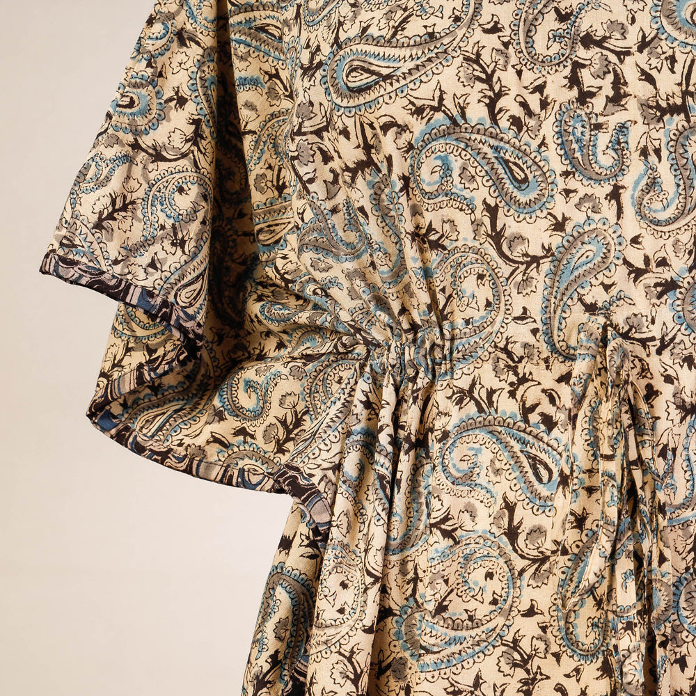 Beige - Block Print Cotton Kalamkari Kaftan with Tie-Up Waist (Medium)