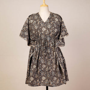Black - Block Print Cotton Kalamkari Kaftan with Tie-Up Waist (Medium)