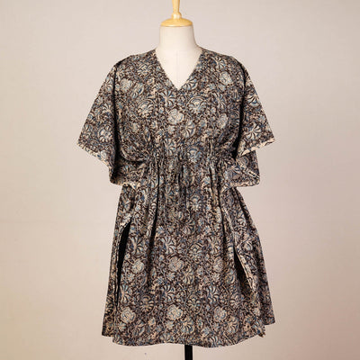 Black - Block Print Cotton Kalamkari Kaftan with Tie-Up Waist (Medium)